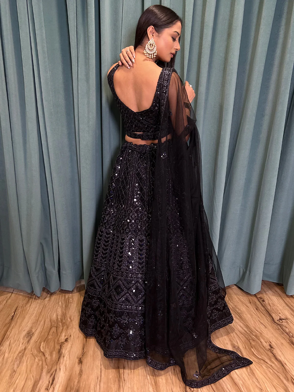 Odette Women's Black Net Semi Stitched Lehenga with Unstitched Blouse - Image 5