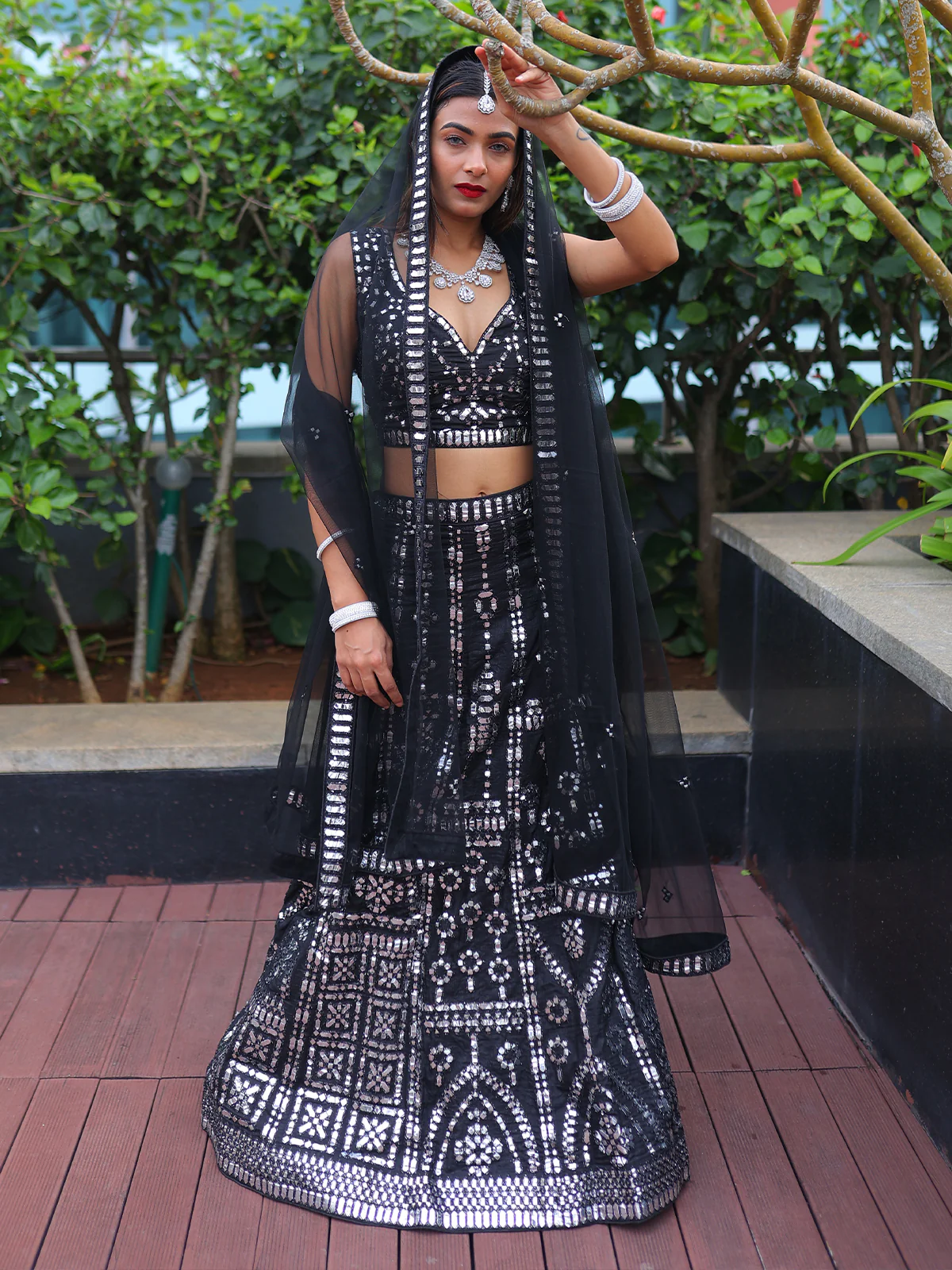Odette Black Silk Blend Semi Stitched Lehenga With Unstitched Blouse For Women - Image 2