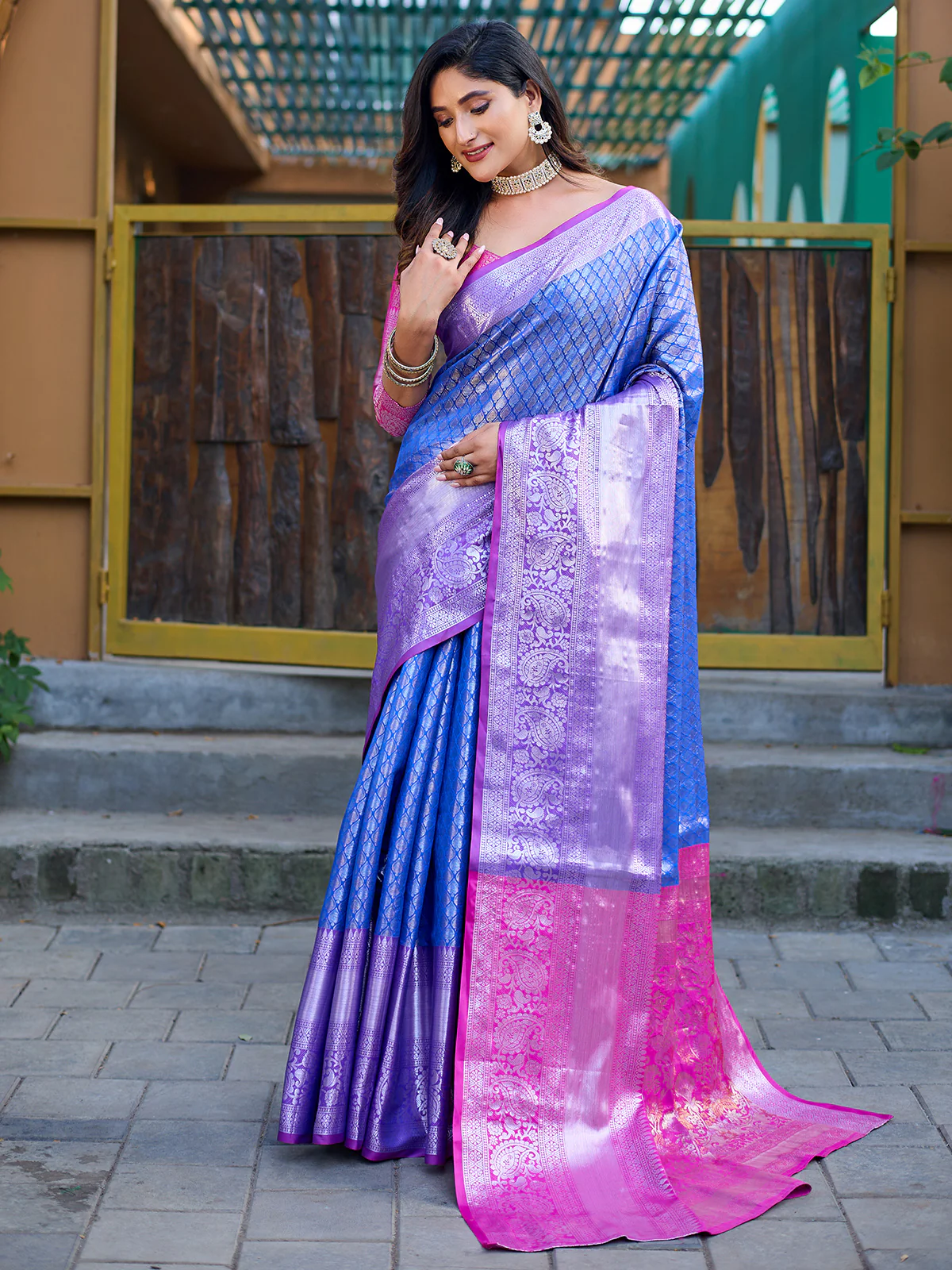 Odette Blue Banarasi Silk  Saree with unstitched Blouse For Women - Image 2
