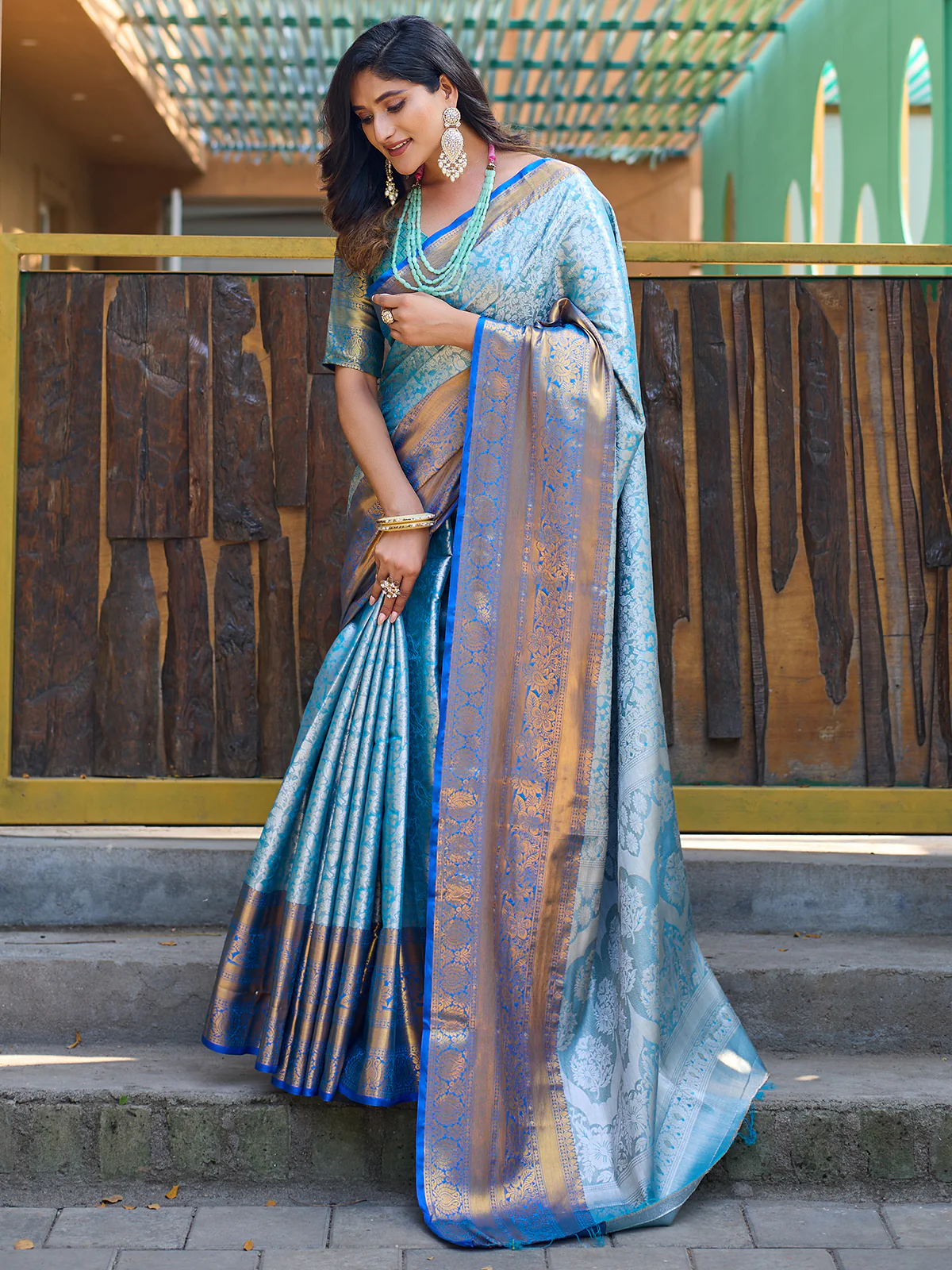 Odette Blue Silk Saree with unstitched Blouse For Women - Image 2