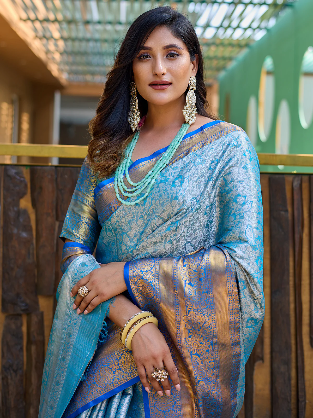 Odette Blue Silk Saree with unstitched Blouse For Women - Image 3