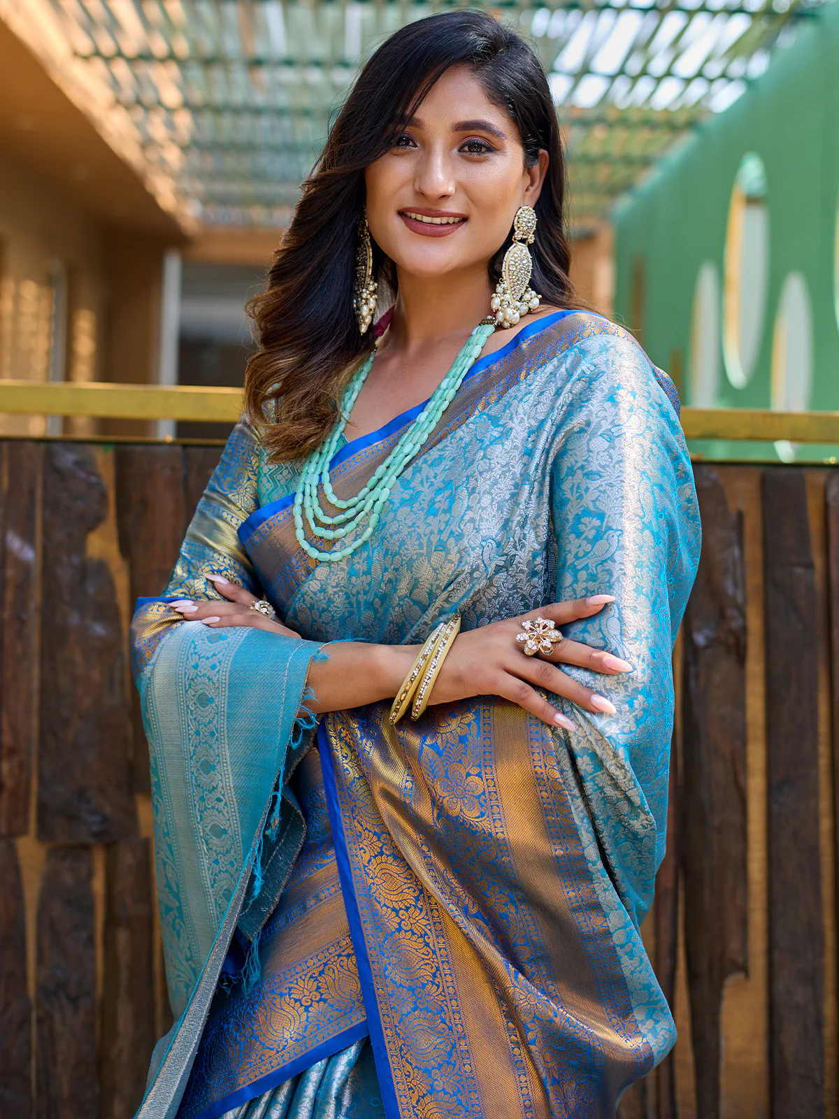 Odette Blue Silk Saree with unstitched Blouse For Women - Image 4