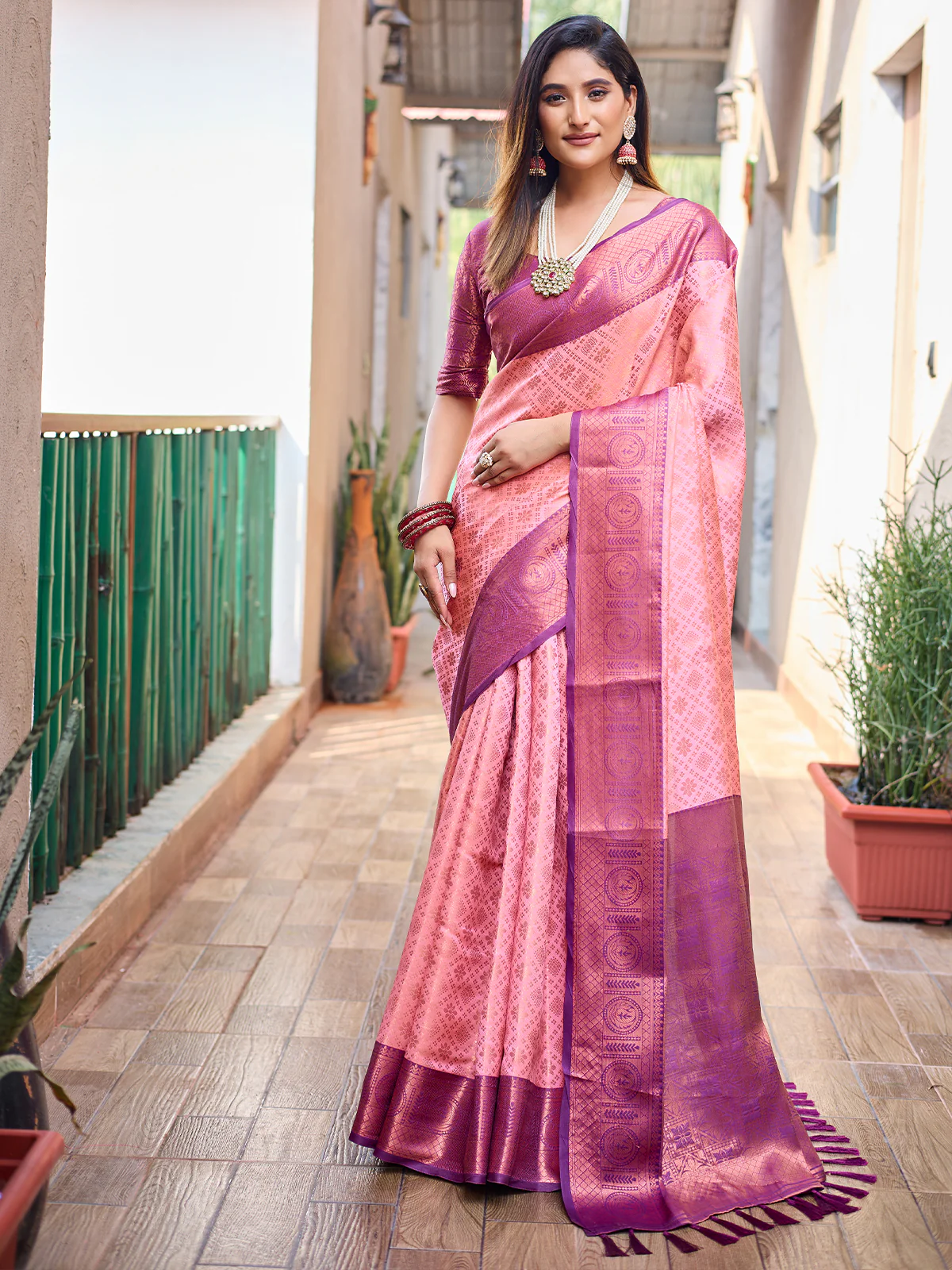 Odette Women's Peach Silk Saree with unstitched Blouse - Image 2