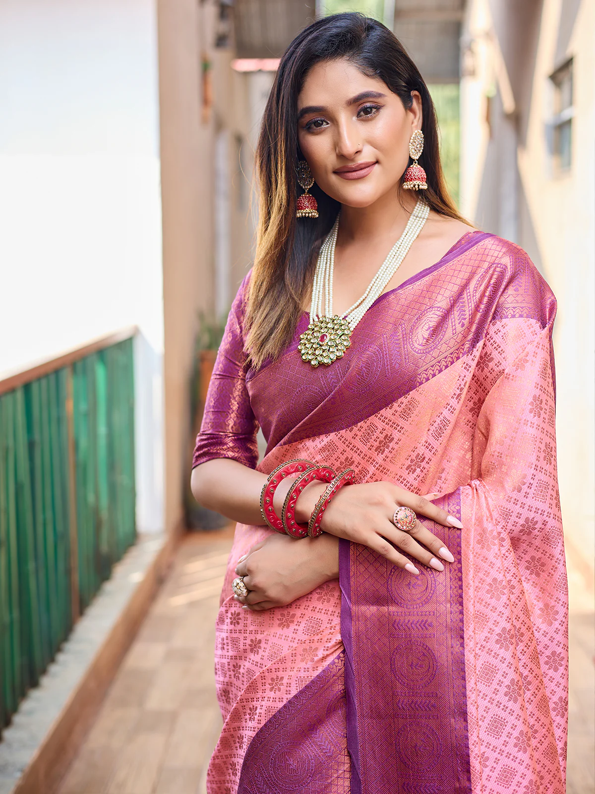 Odette Women's Peach Silk Saree with unstitched Blouse - Image 3