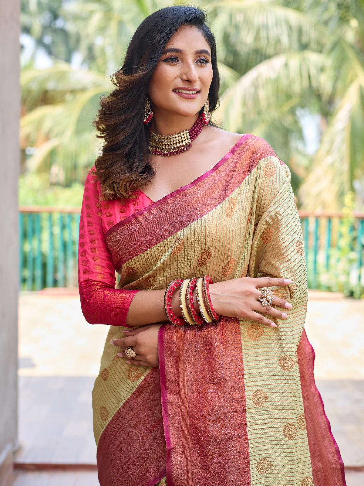 Odette Women's Beige Silk  Saree with unstitched Blouse - Image 3
