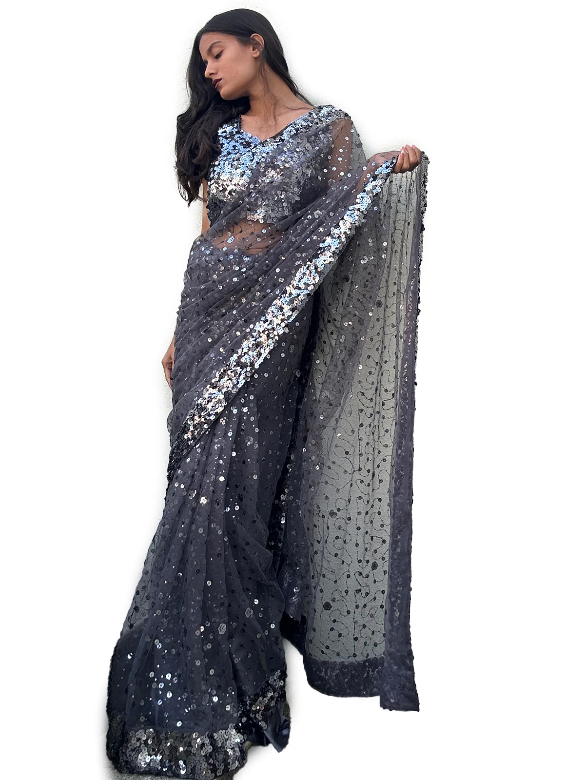 Odette Grey Net Saree with unstitched Blouse For Women - Image 3
