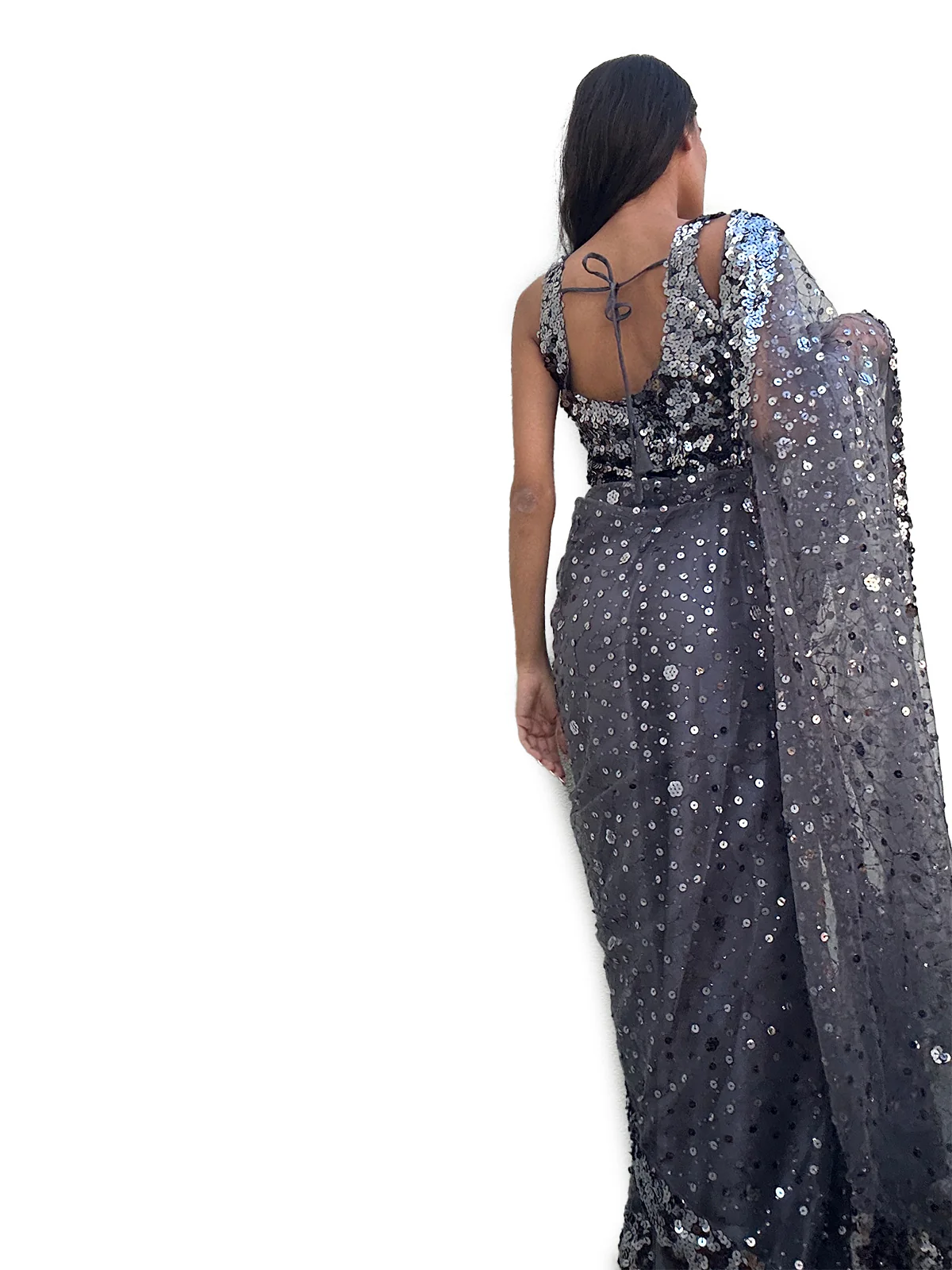 Odette Grey Net Saree with unstitched Blouse For Women - Image 4