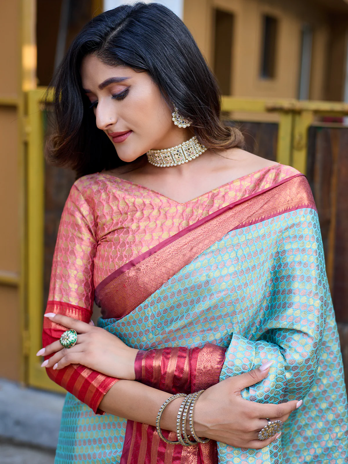 Odette Blue Silk Saree with unstitched Blouse For Women - Image 3
