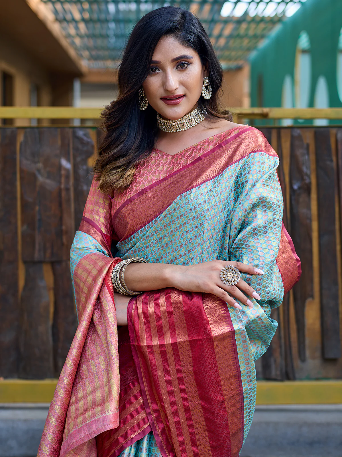 Odette Blue Silk Saree with unstitched Blouse For Women - Image 4