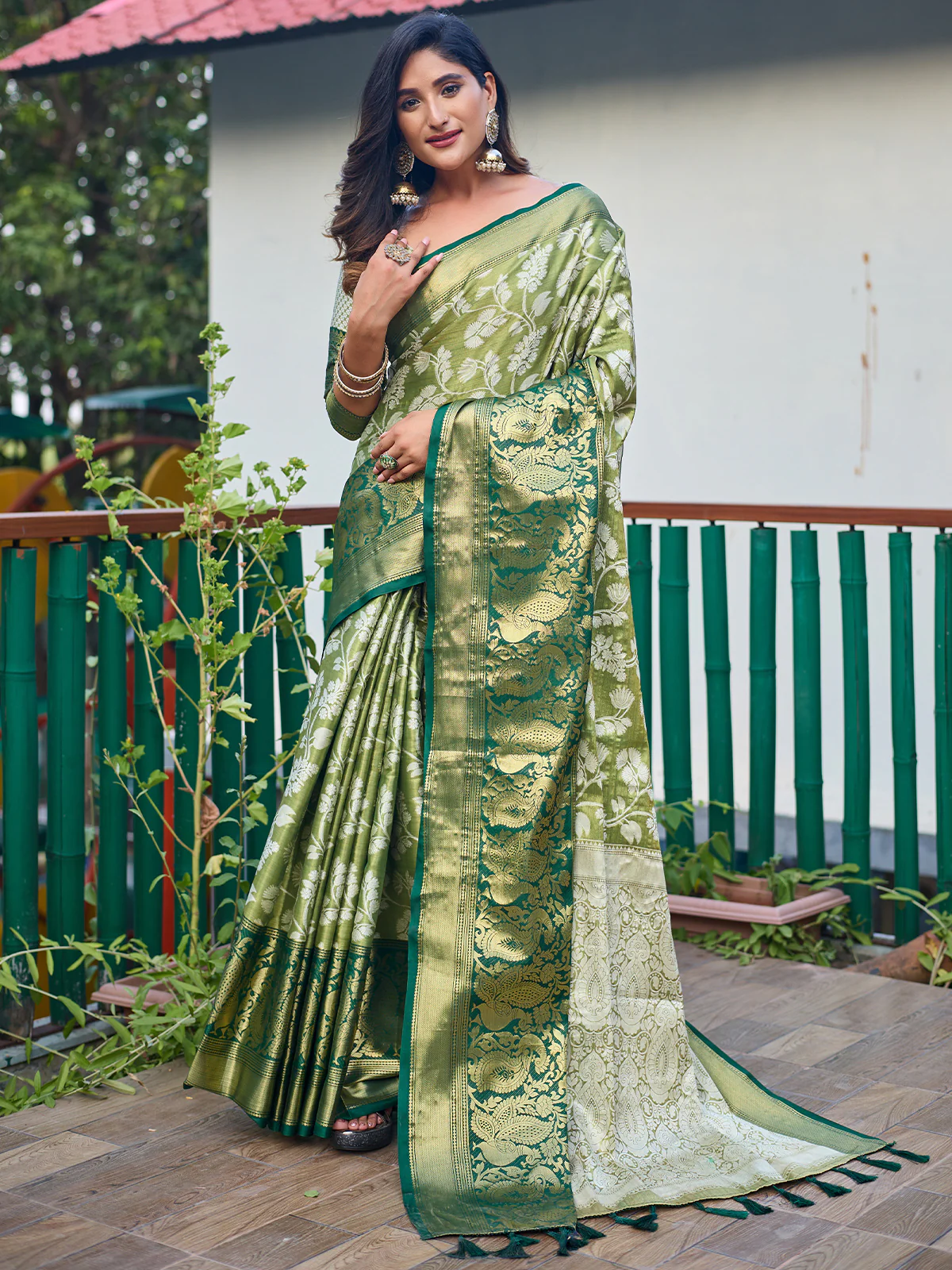 Odette Women's Olive Banarasi Silk Saree with unstitched Blouse