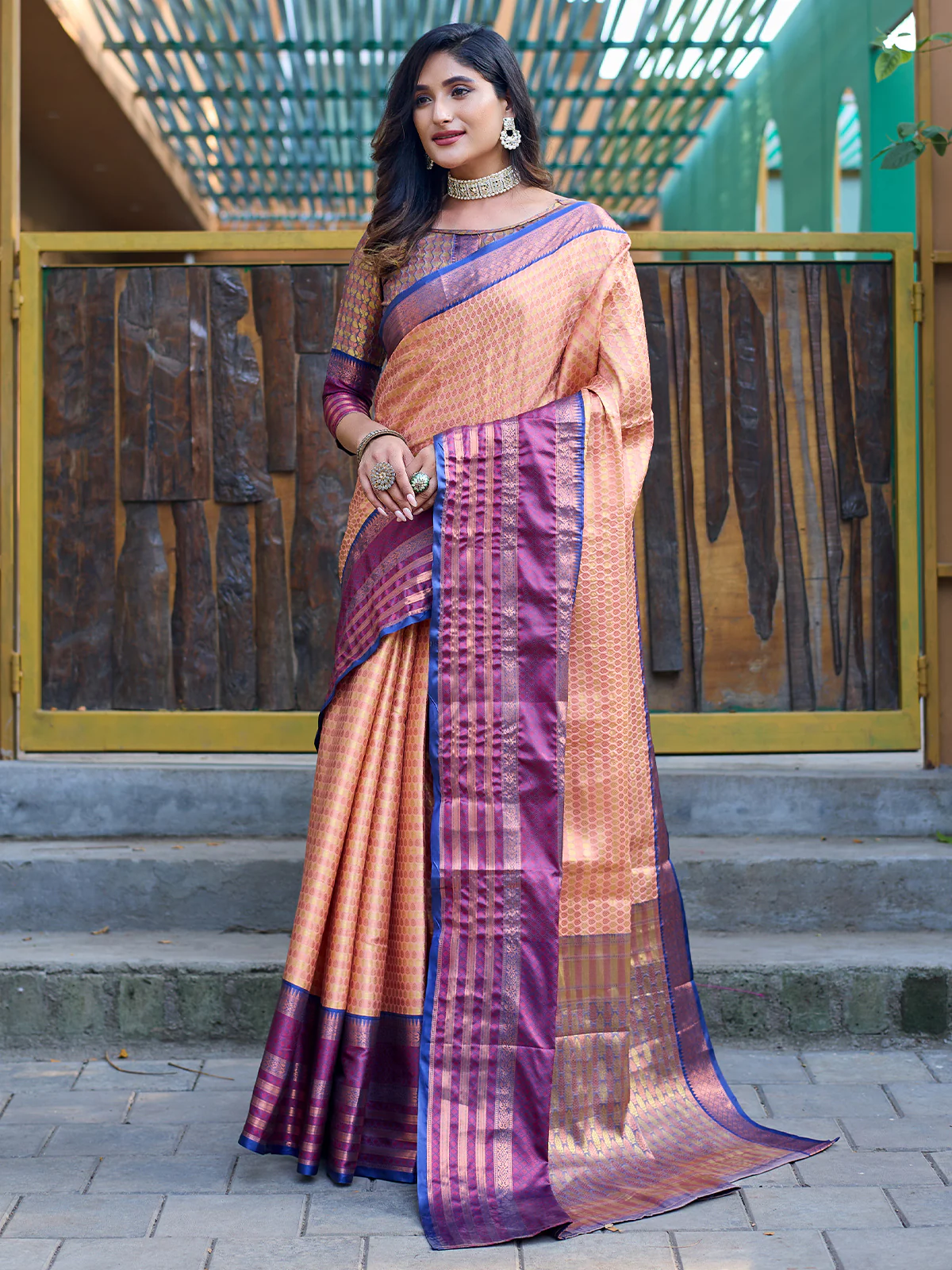 Odette Peach Silk  Saree with unstitched Blouse For Women - Image 2