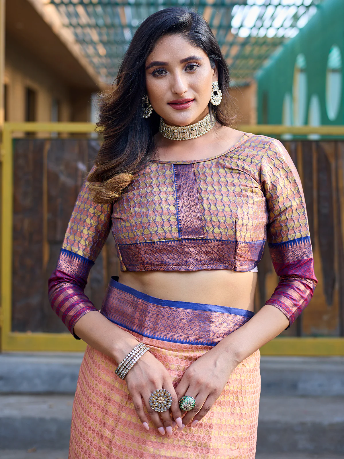 Odette Peach Silk  Saree with unstitched Blouse For Women - Image 4