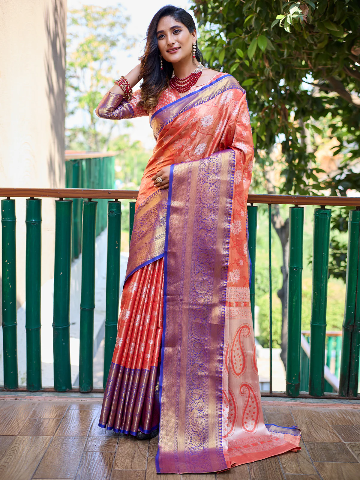 Odette Peach Silk Saree with unstitched Blouse For Women - Image 2