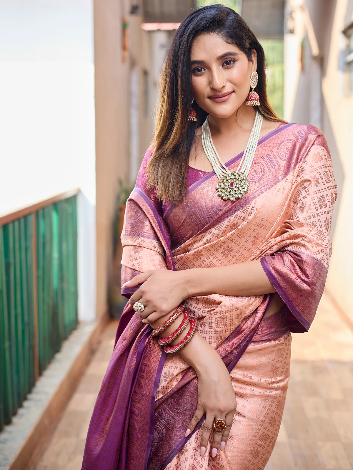 Odette Women's Peach Silk  Saree with unstitched Blouse - Image 3