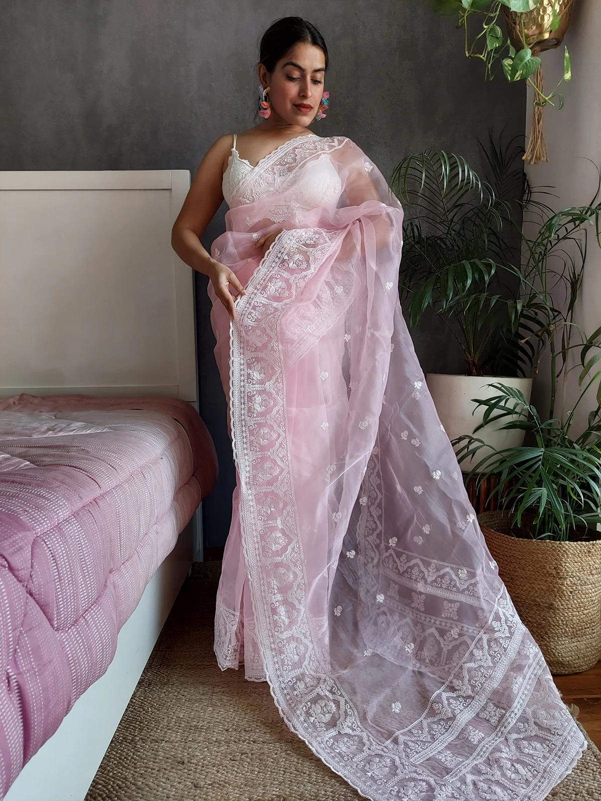 Odette Pink Organza Saree with unstitched Blouse For Women
