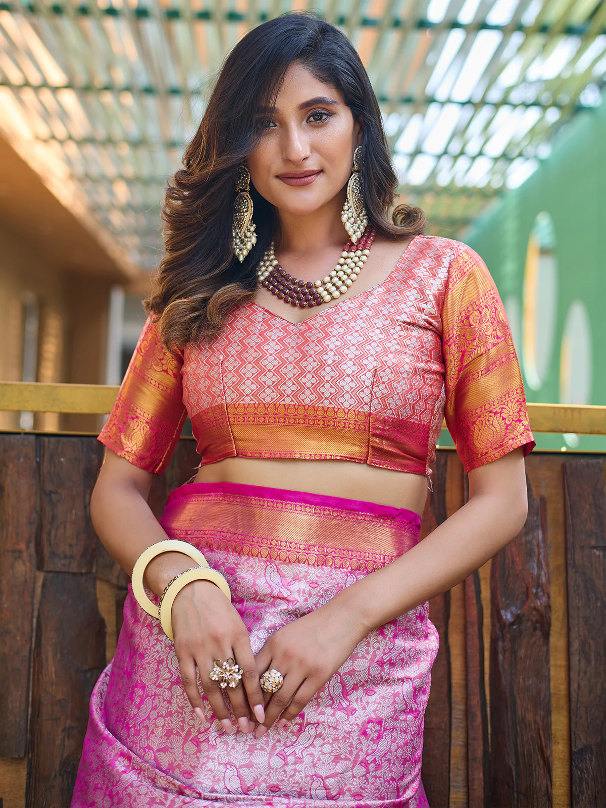 Odette Pink Silk  Saree with unstitched Blouse For Women - Image 4