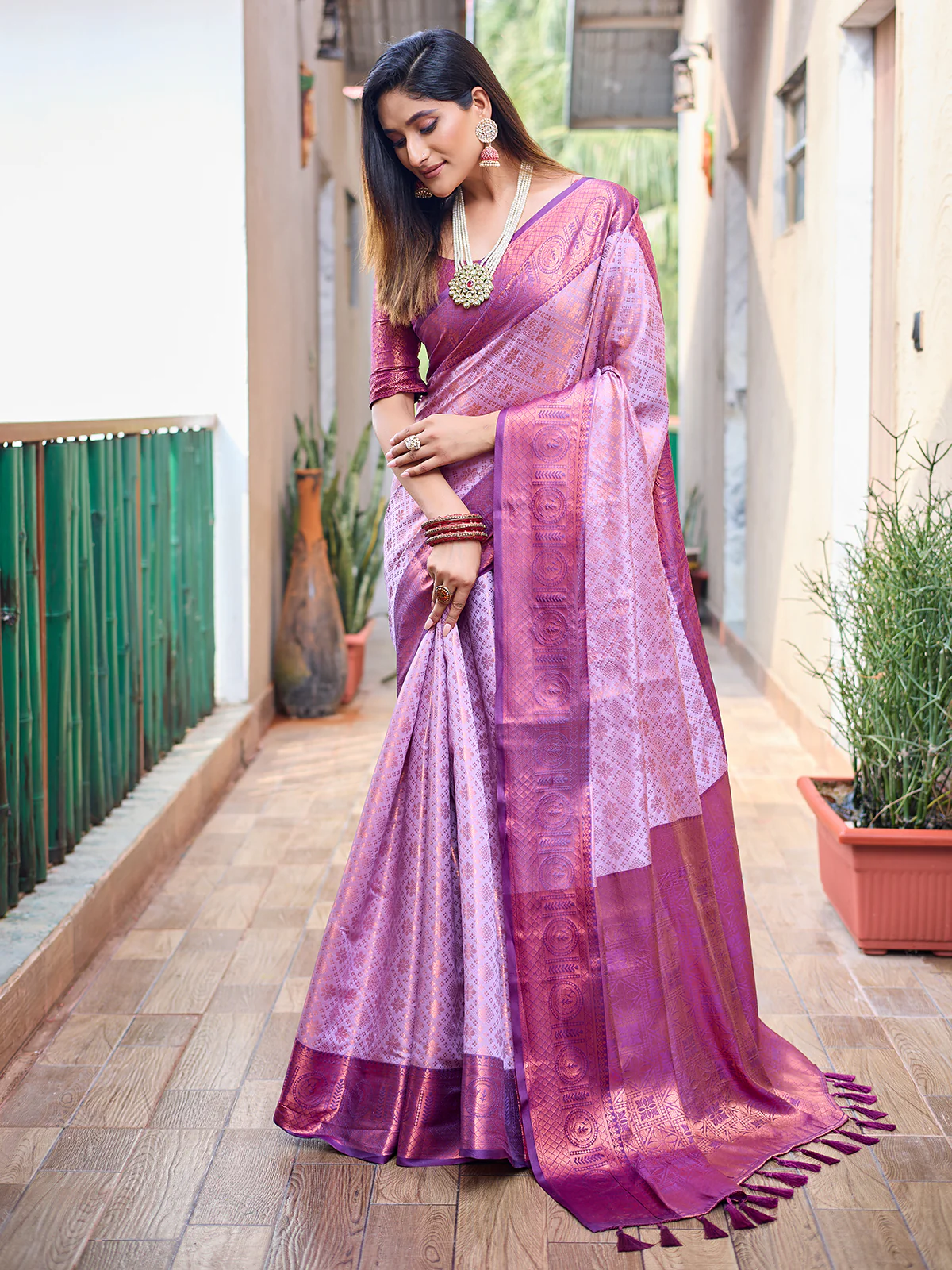 Odette Women's Purple Silk  Saree with unstitched Blouse - Image 2