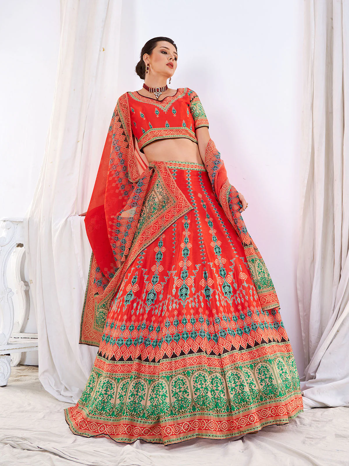 Odette Women's Red Chinon Semi Stitched Lehenga with Unstitched Blouse - Image 2