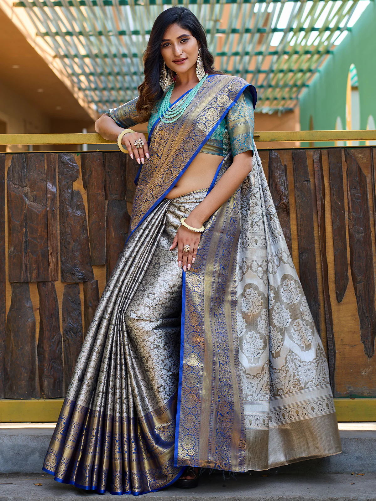 Odette Grey Silk Saree with unstitched Blouse For Women
