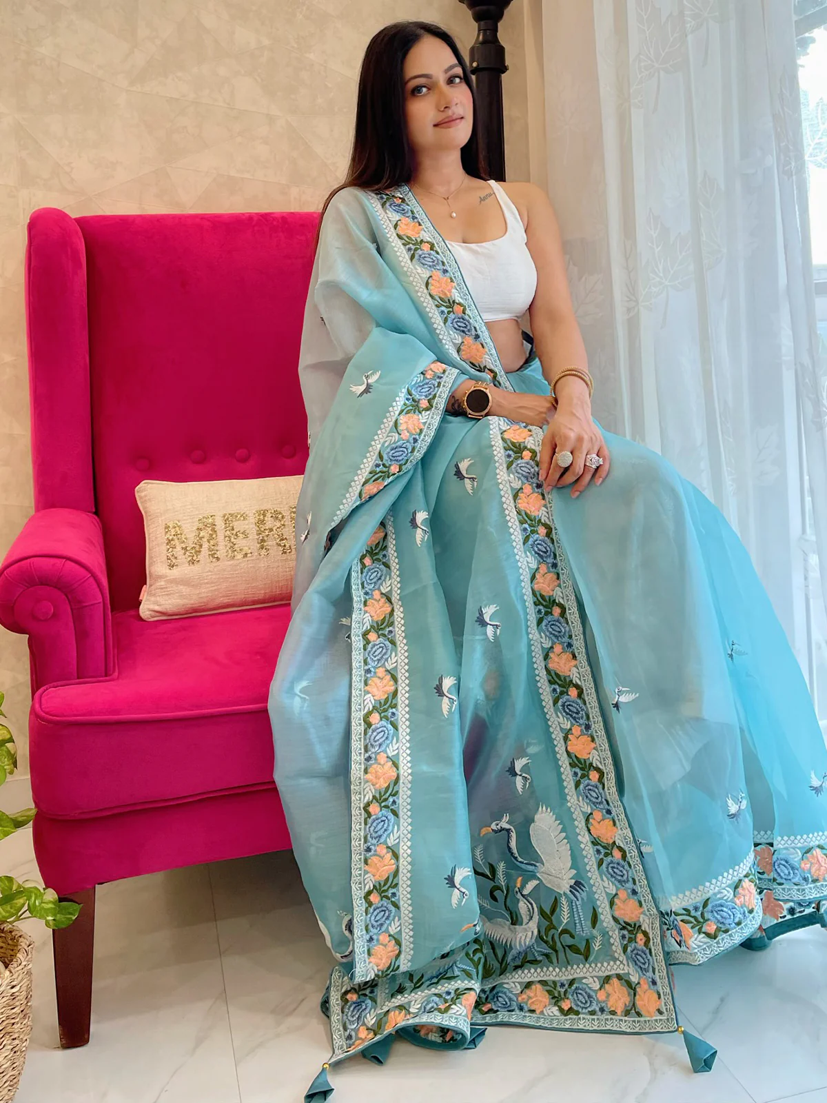Odette Blue Organza Saree with unstitched Blouse For Women - Image 2