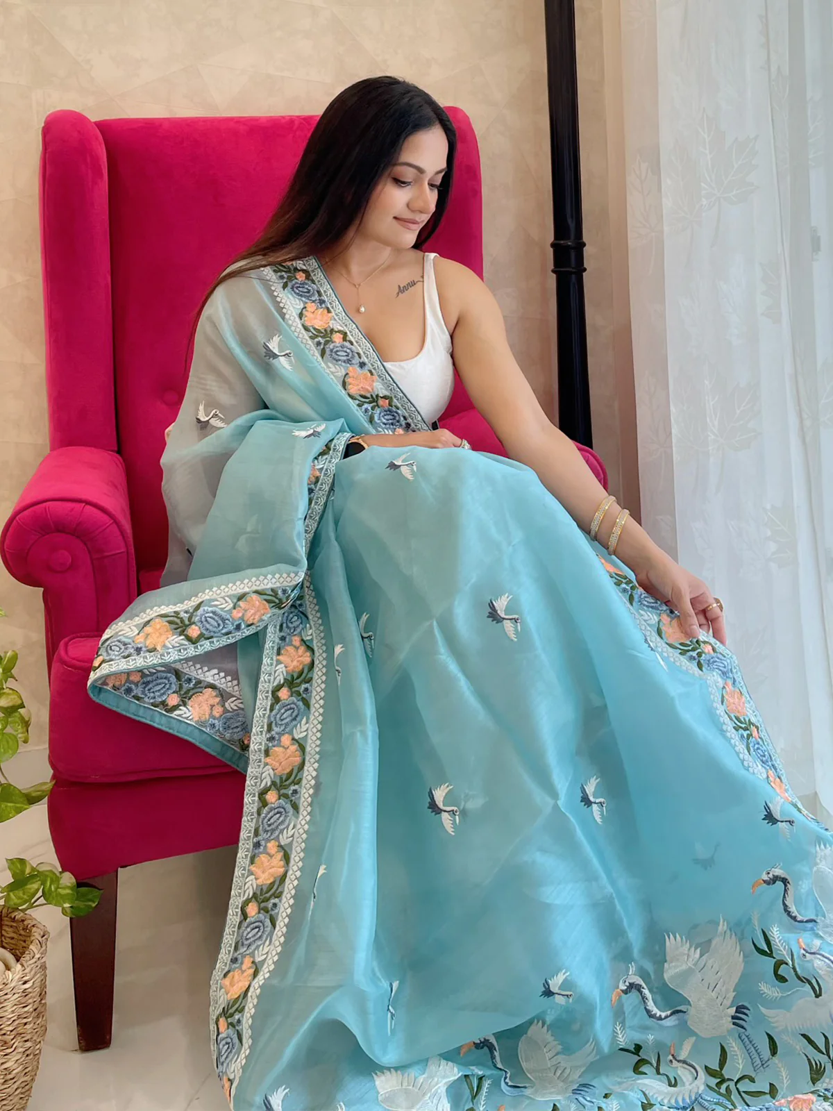 Odette Blue Organza Saree with unstitched Blouse For Women - Image 3