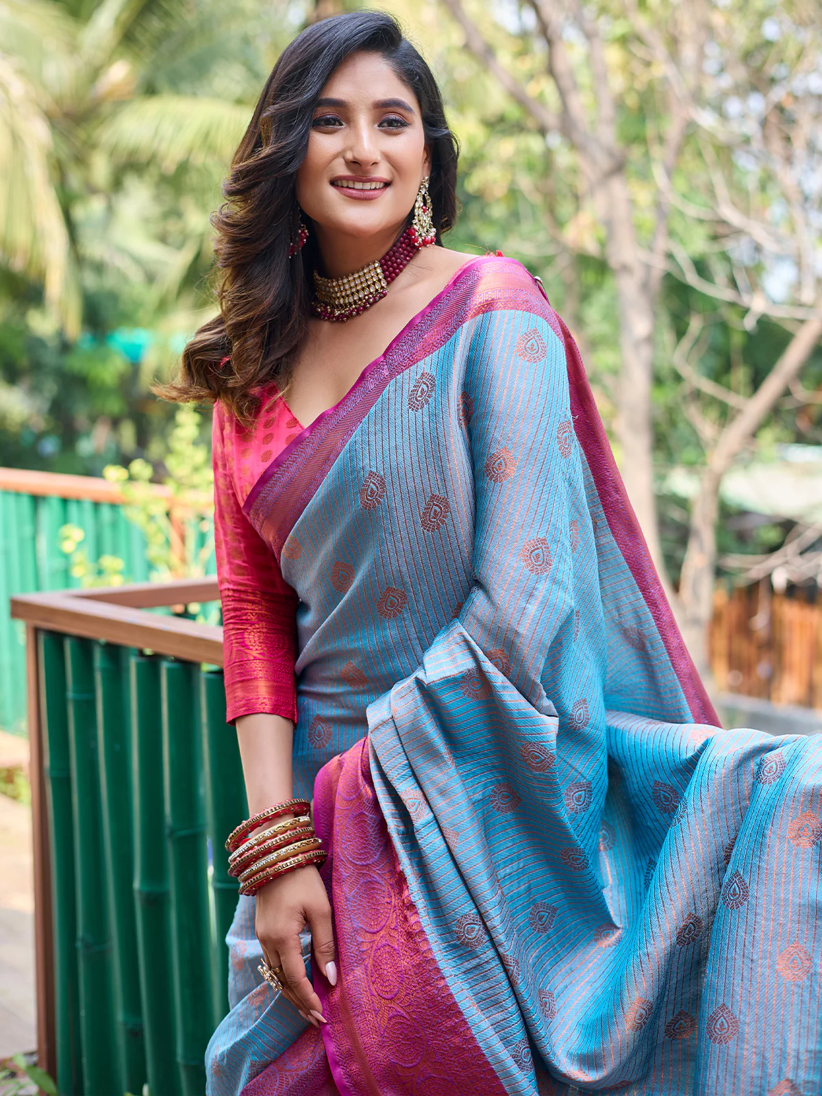 Odette Women's Blue Silk  Saree with unstitched Blouse - Image 3