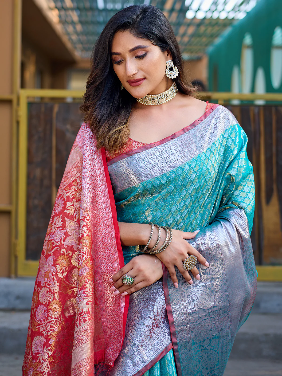 Odette Blue Banarasi Silk Saree with unstitched Blouse For Women - Image 3