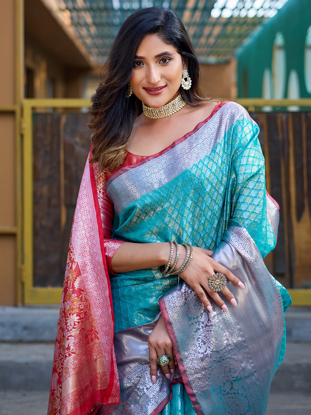 Odette Blue Banarasi Silk Saree with unstitched Blouse For Women - Image 4