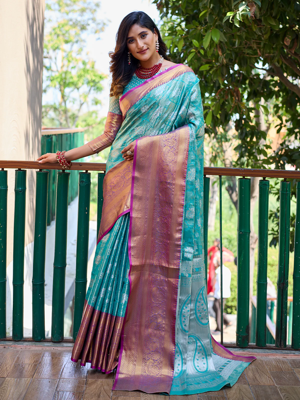 Odette Blue Silk Saree with unstitched Blouse For Women