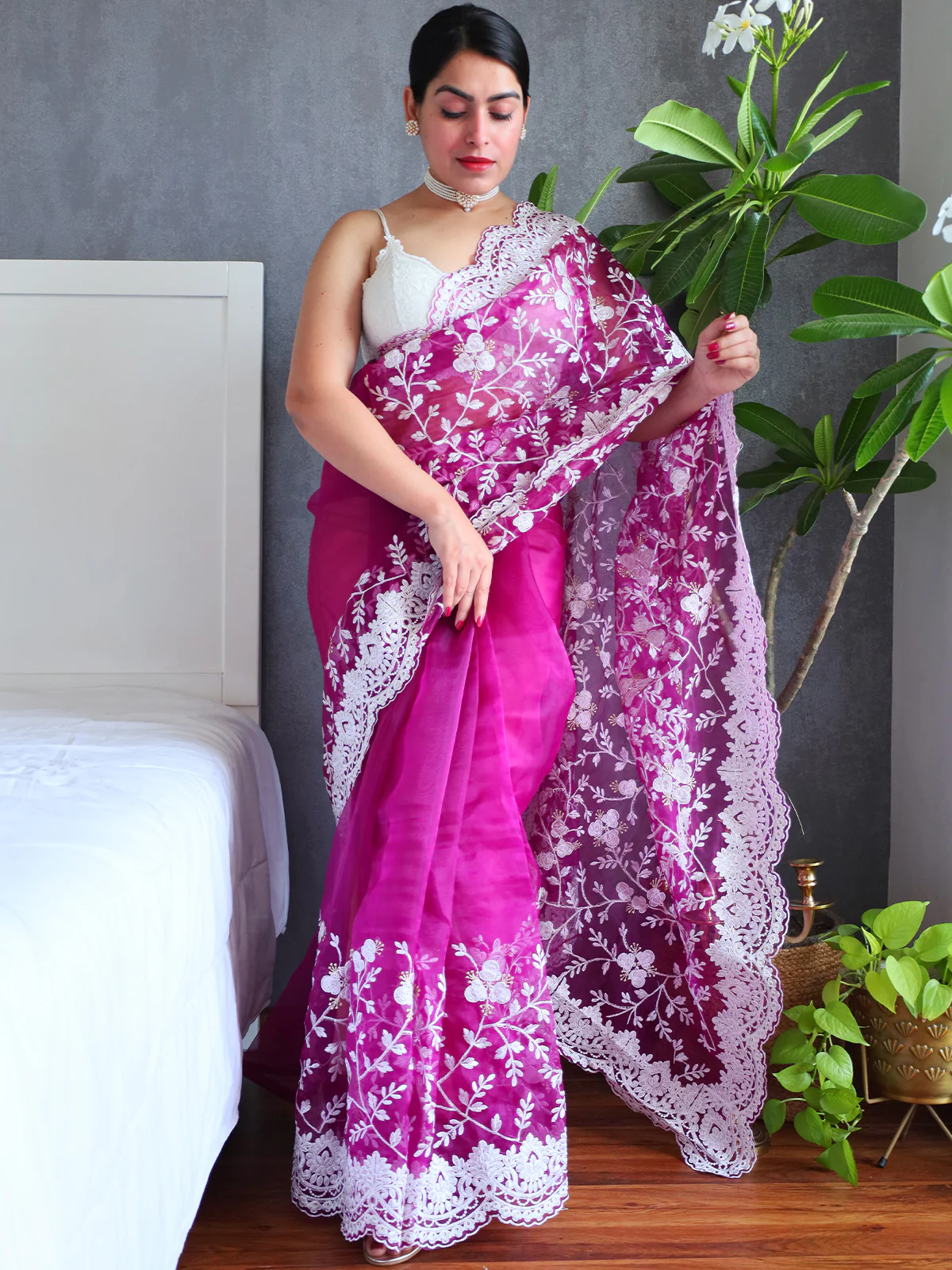 Odette Purple Organza Saree with unstitched Blouse For Women