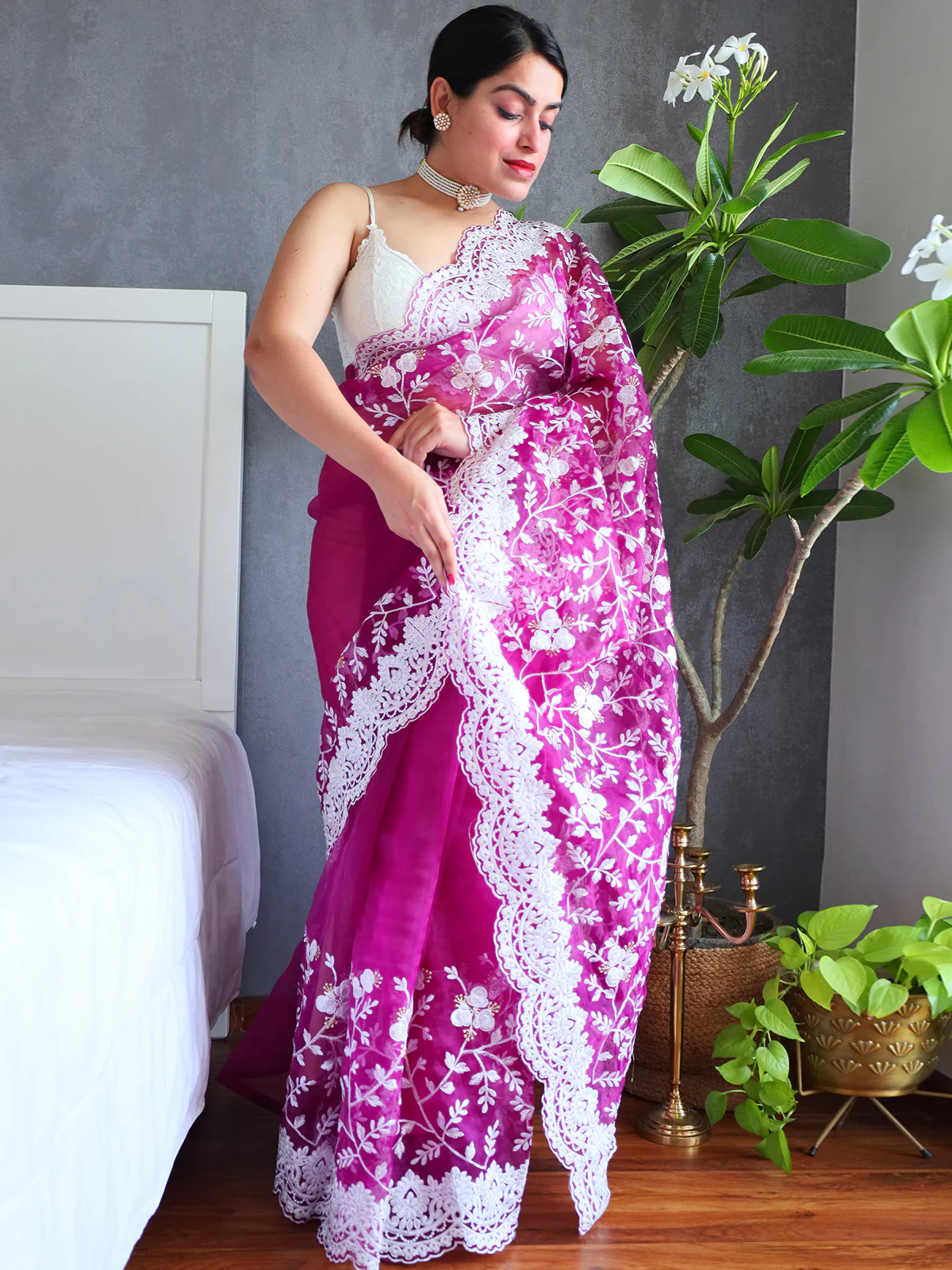 Odette Purple Organza Saree with unstitched Blouse For Women - Image 2