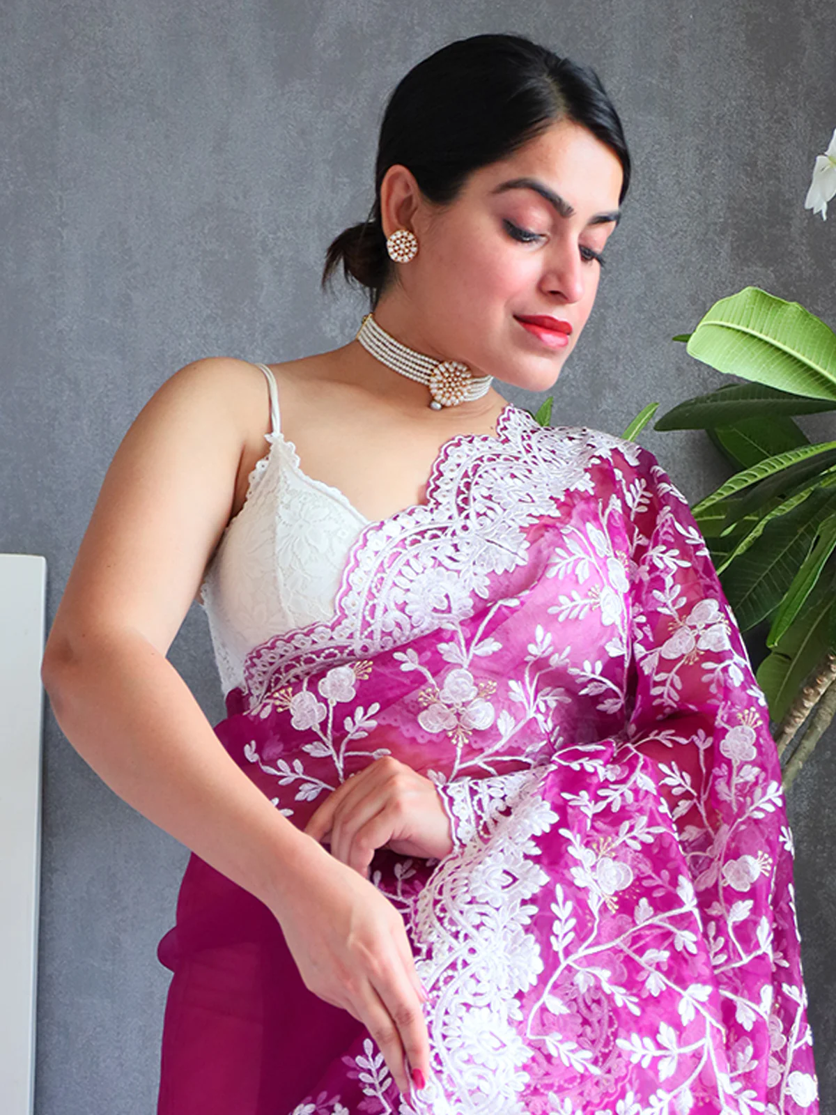 Odette Purple Organza Saree with unstitched Blouse For Women - Image 6