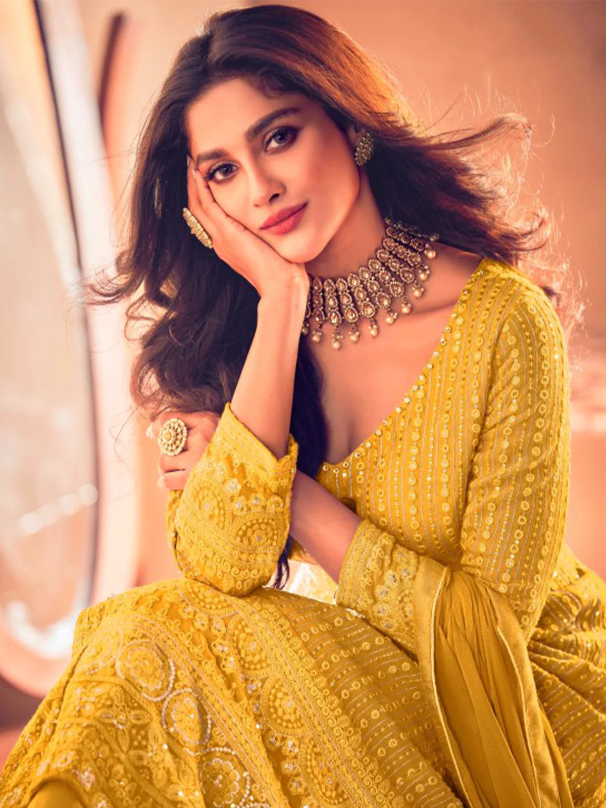 Odette Women Yellow Faux Georgette Semi Stitched Kurta Set - Image 2
