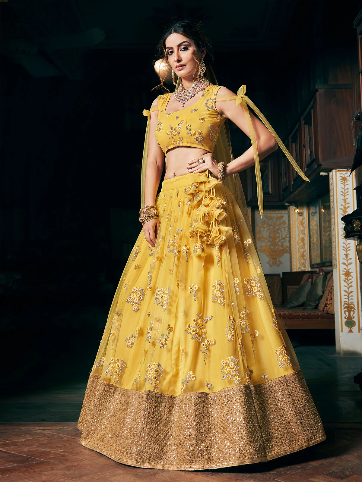 Odette Women's Yellow Net Semi Stitched Lehenga with Unstitched Blouse - Image 2
