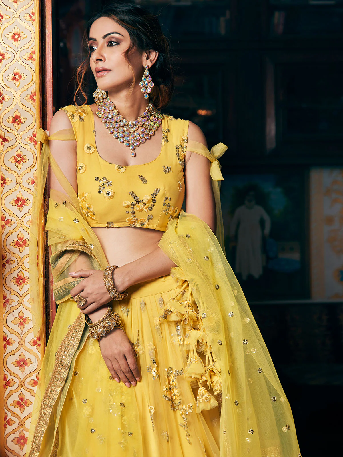 Odette Women's Yellow Net Semi Stitched Lehenga with Unstitched Blouse - Image 3
