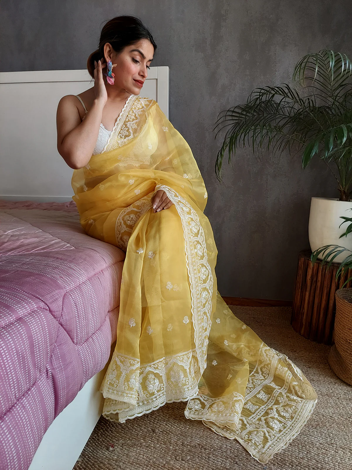 Odette Yellow Organza  Saree with unstitched Blouse For Women - Image 2