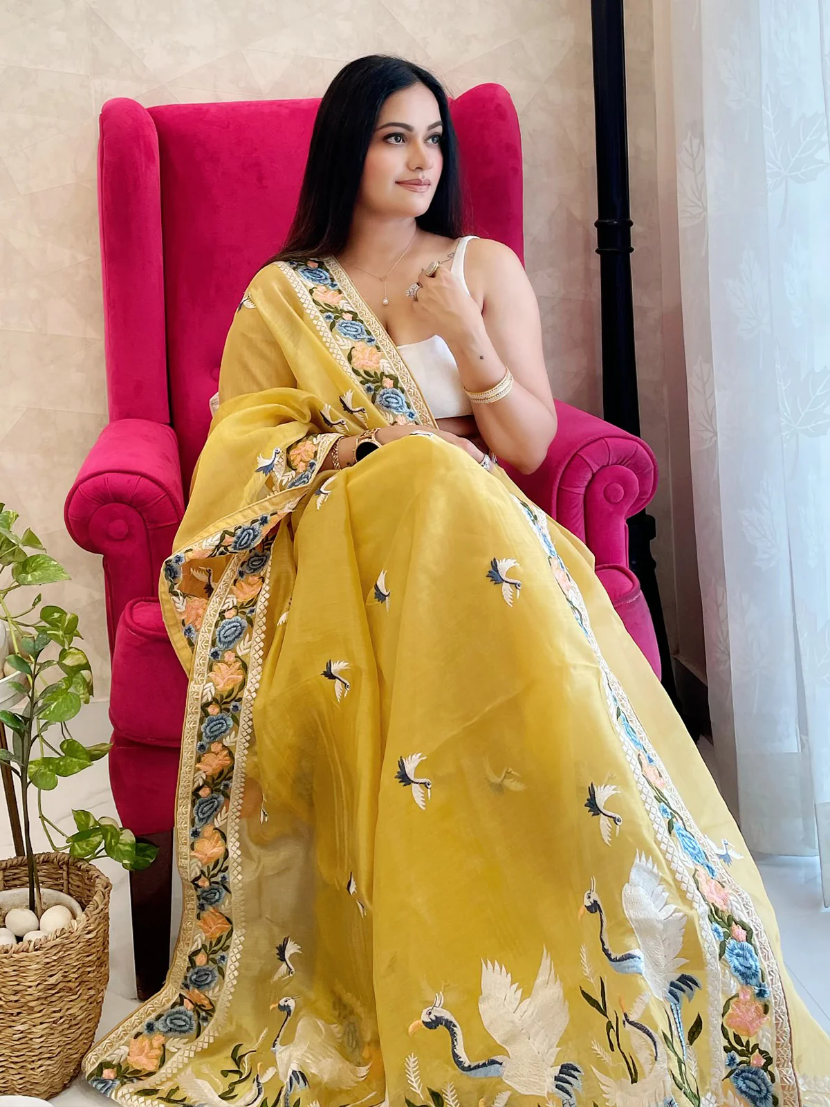Odette Yellow Organza  Saree with unstitched Blouse For Women - Image 2