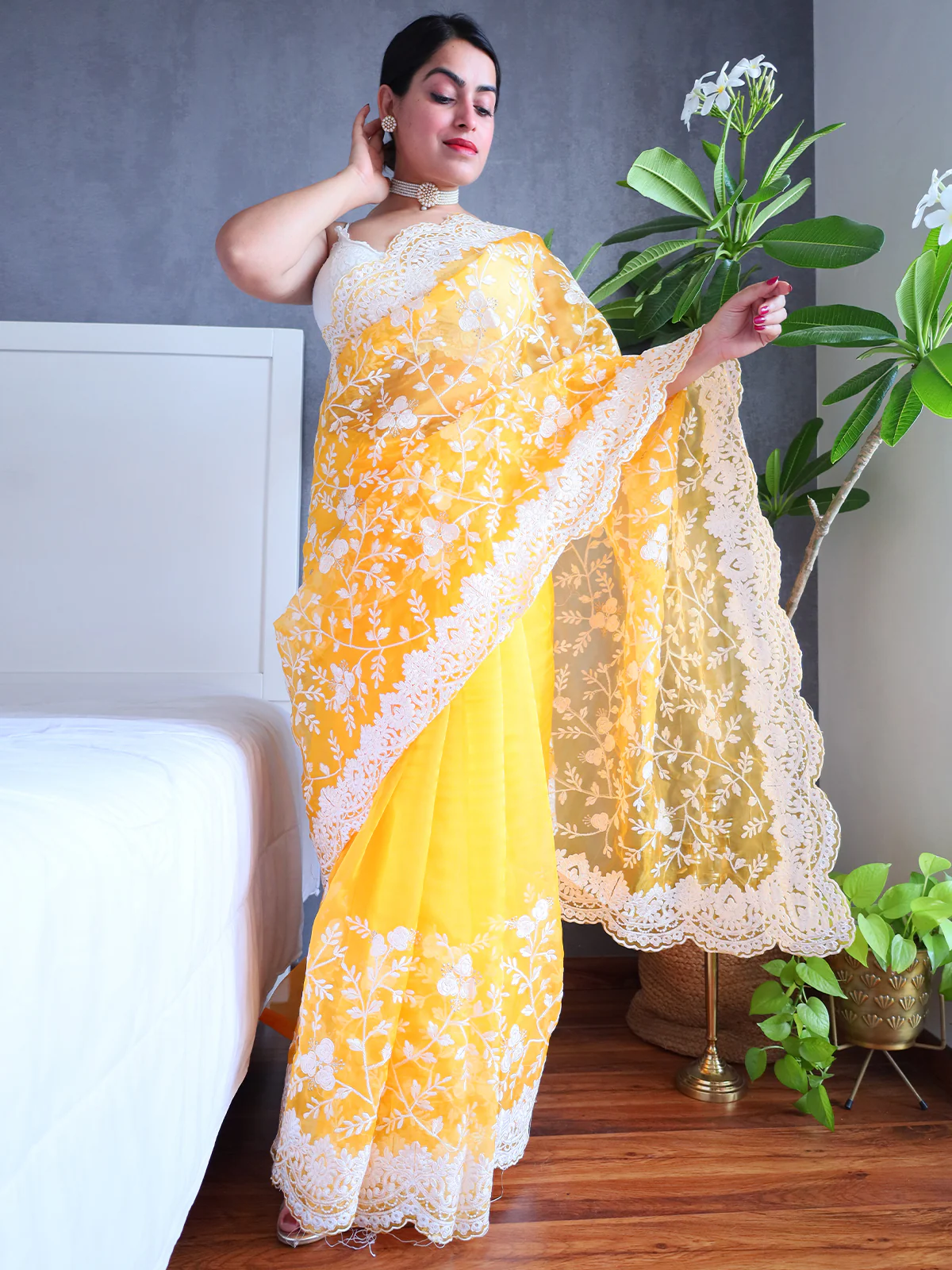 Odette Yellow Organza Saree with unstitched Blouse For Women - Image 2