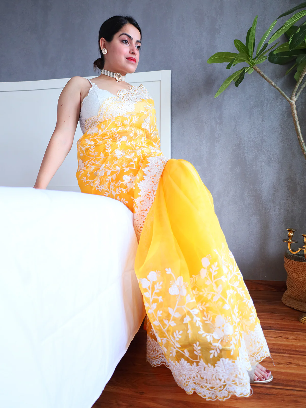 Odette Yellow Organza Saree with unstitched Blouse For Women - Image 5