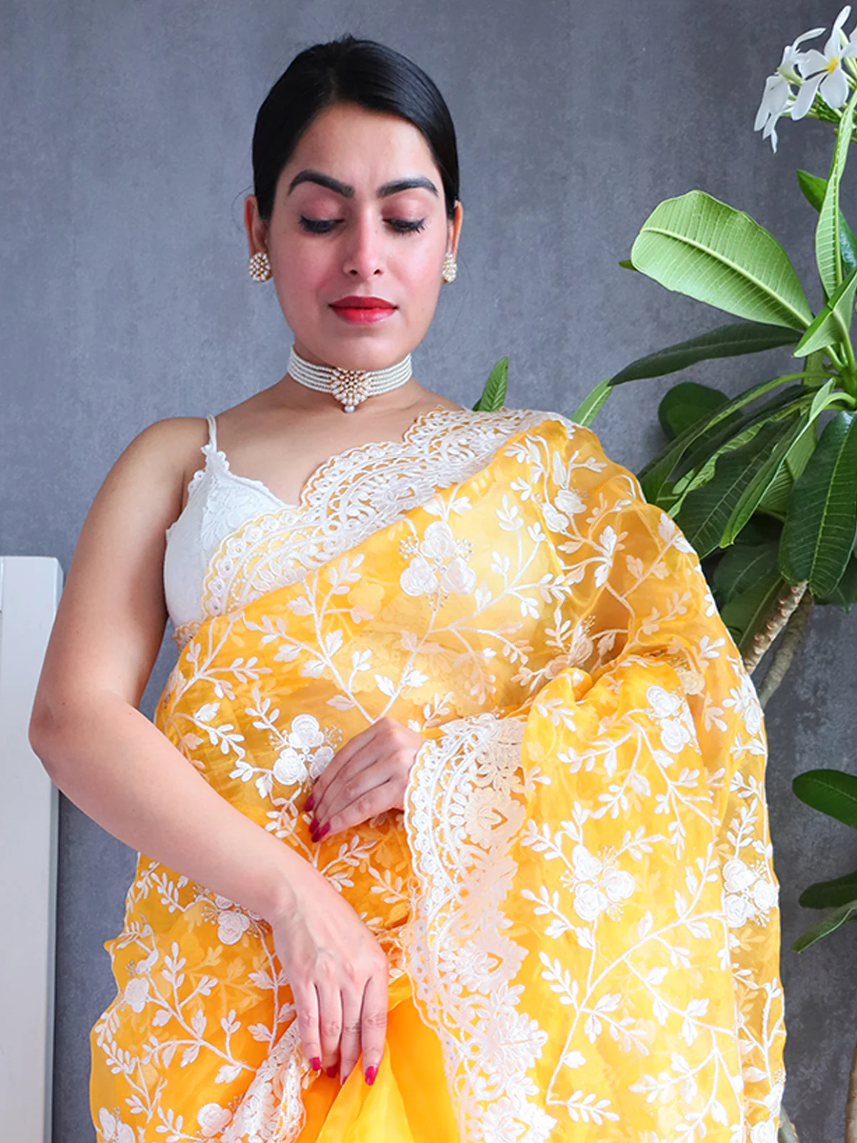 Odette Yellow Organza Saree with unstitched Blouse For Women - Image 6
