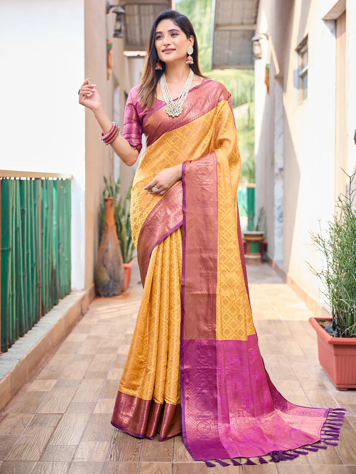 Odette Women's Yellow Silk Saree with unstitched Blouse - Image 2