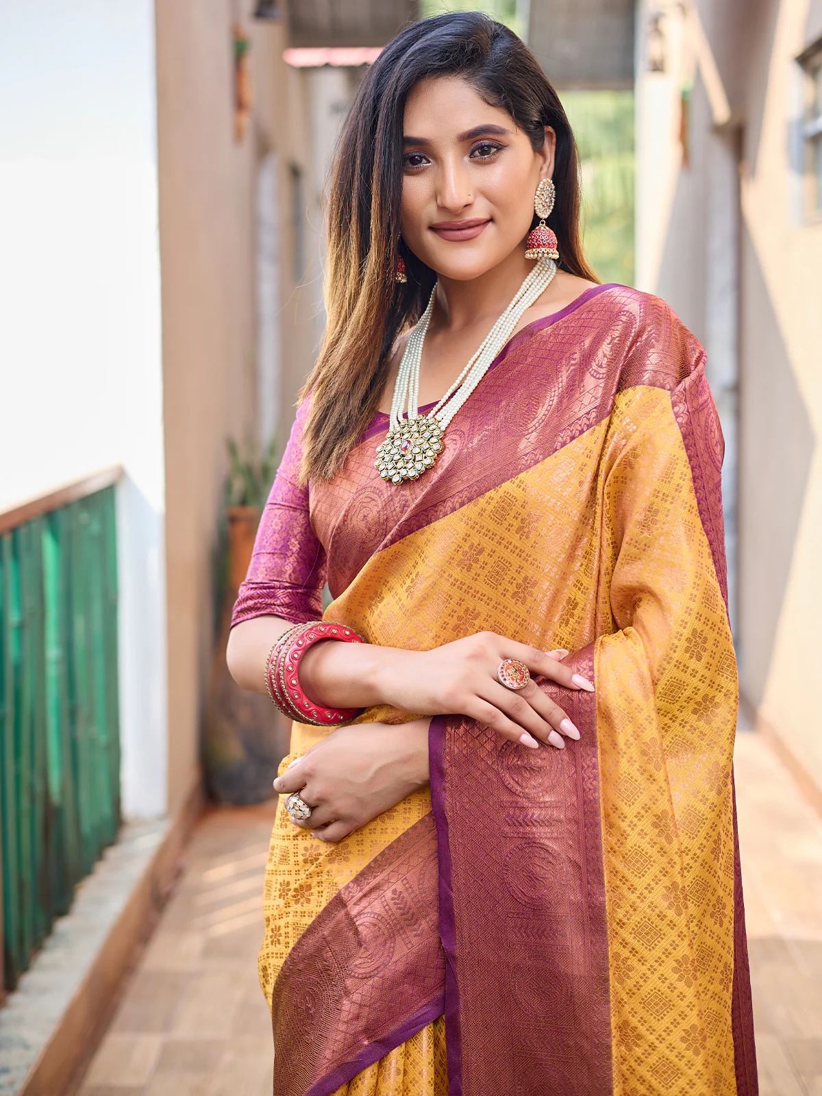 Odette Women's Yellow Silk Saree with unstitched Blouse - Image 4
