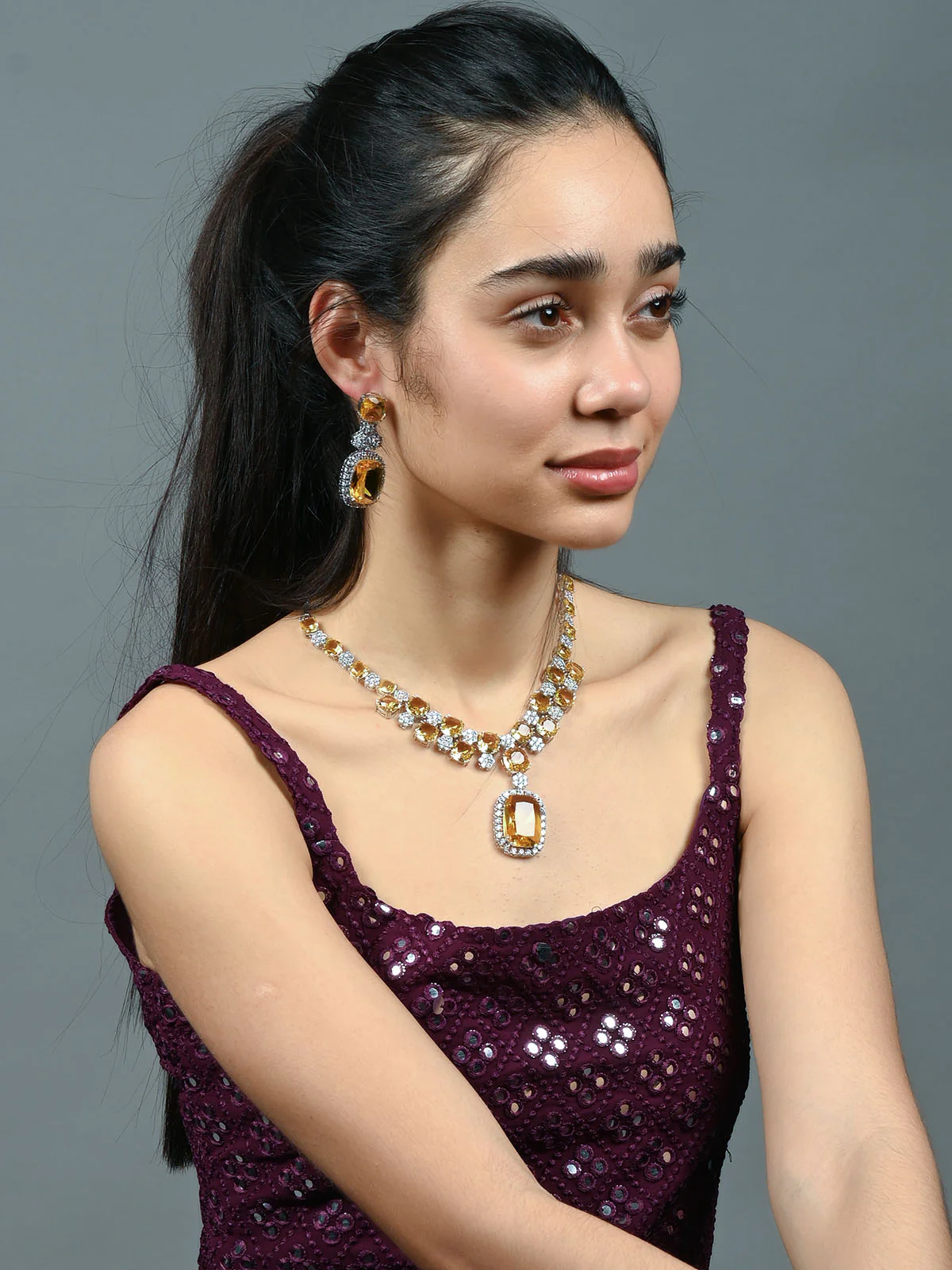 Odette Yellow Alloy Embellished Jewellery Set For Women - Image 2