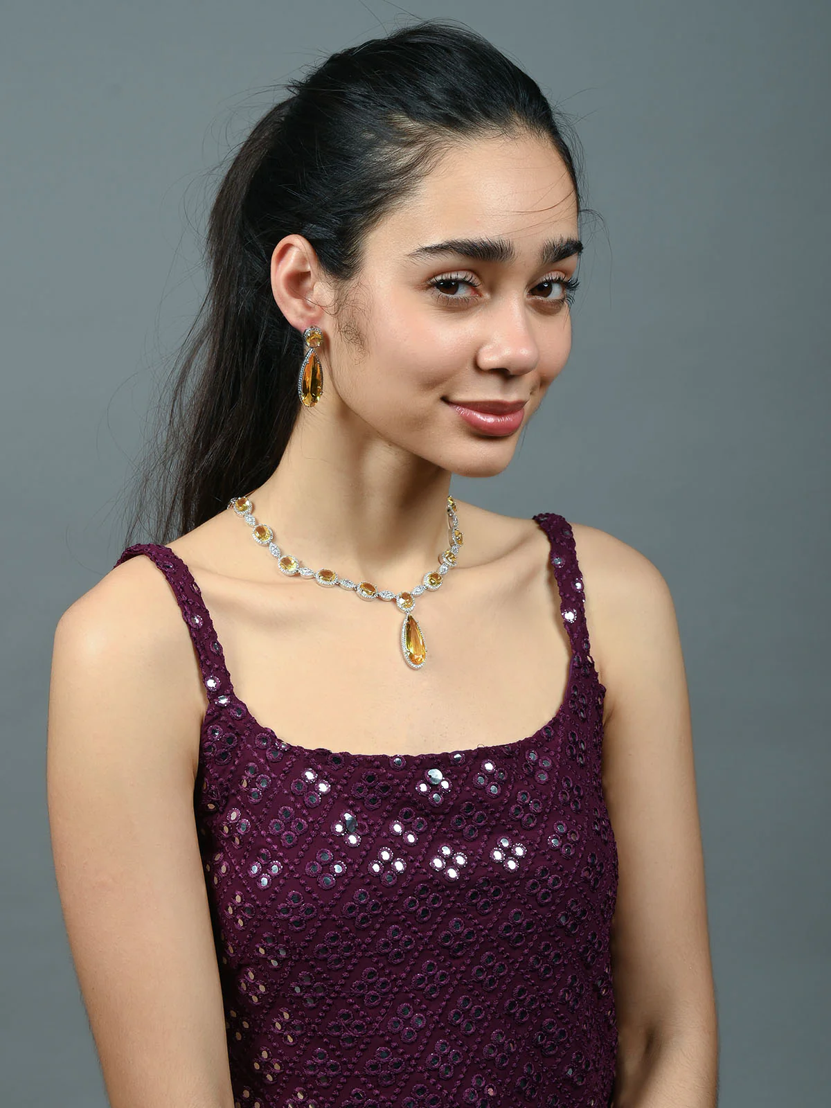 Odette Yellow Alloy Embellished Jewellery Set For Women - Image 2