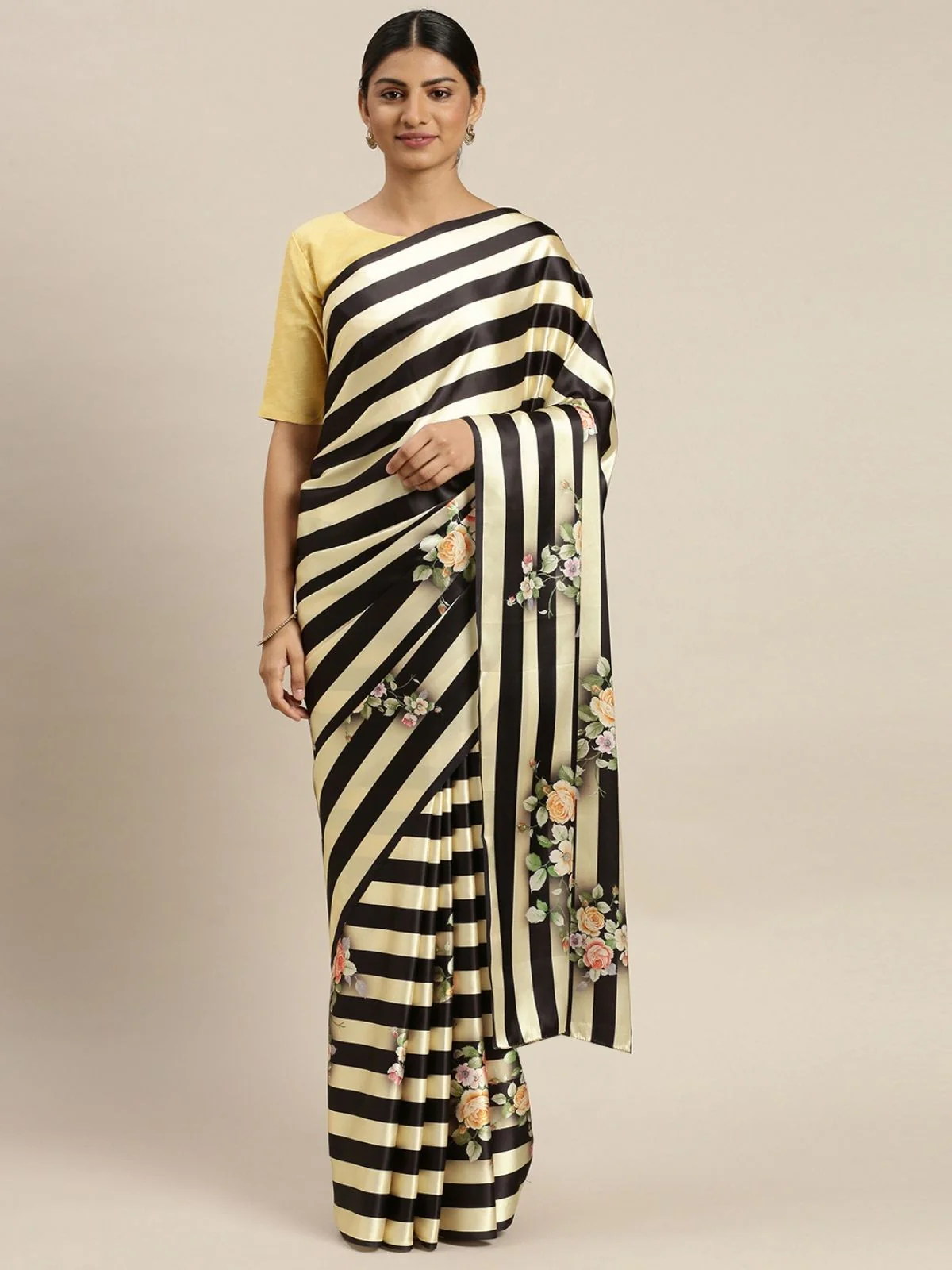 Odette Yellow And Black Satin Printed Saree With Unstitched Blouse For Women