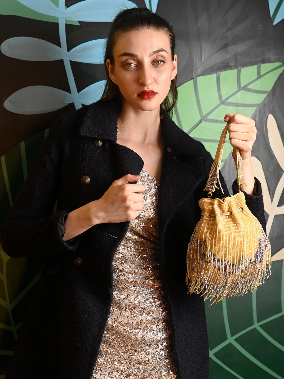 Odette Yellow And Grey Beaded Potli Bag For Women