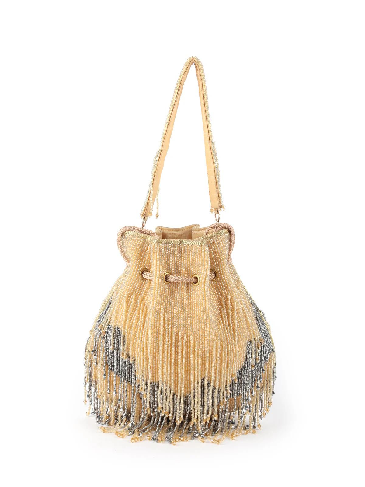 Odette Yellow And Grey Beaded Potli Bag For Women - Image 3