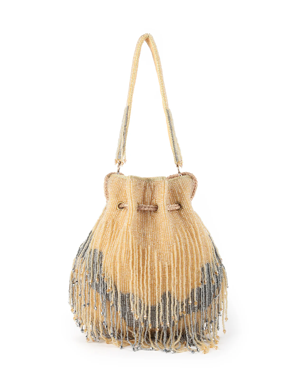Odette Yellow And Grey Beaded Potli Bag For Women - Image 5
