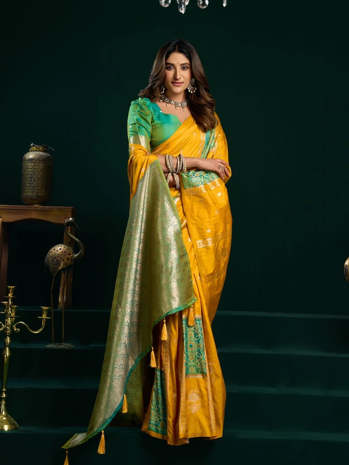 Odette Yellow and Light Green Silk Blend Woven Saree For Women - Image 3