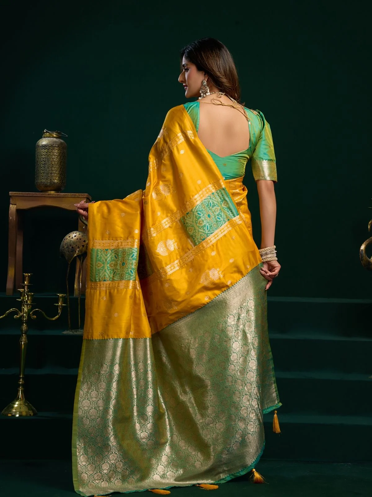 Odette Yellow and Light Green Silk Blend Woven Saree For Women - Image 4